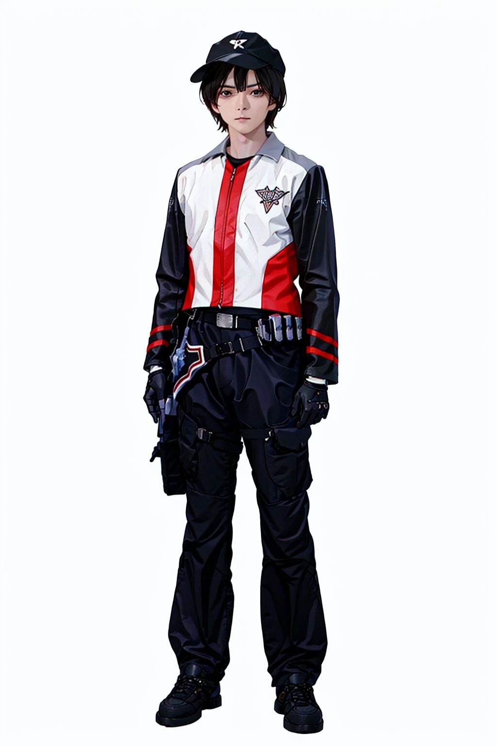 (masterpiece:1.3), (the best quality:1.2), (super fine illustrations:1.2), (Masterpiece), high quality, high detail,((white background:1.2)), looking at viewer, (SOLO:1.4),outline,,simple background, hat,jacket,zipper,belt,pants,black footwear,striped,black pants,emblem,military uniform,uniform,logo,hat