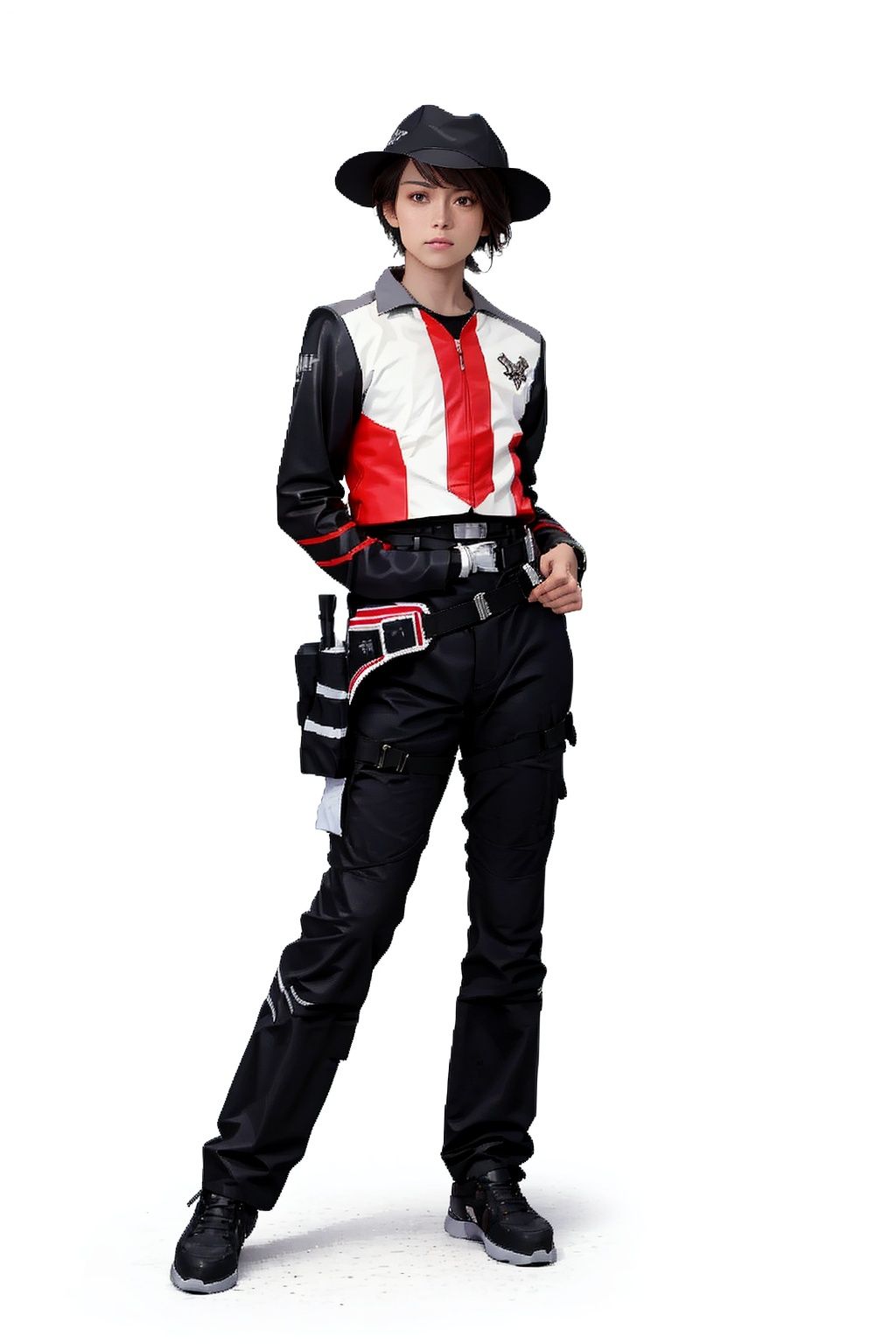 (masterpiece:1.3), (the best quality:1.2), (super fine illustrations:1.2), (Masterpiece), high quality, high detail,((white background:1.2)), looking at viewer, (SOLO:1.4),outline,,simple background,  hat,jacket,zipper,belt,pants,black footwear,striped,black pants,emblem,military uniform,uniform,logo,hat