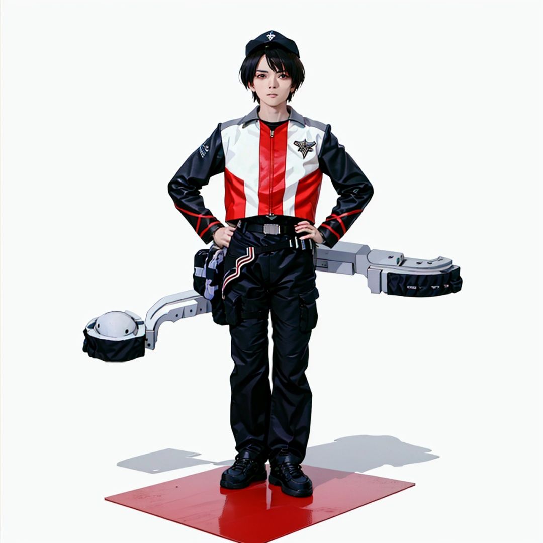 (masterpiece:1.3), (the best quality:1.2), (super fine illustrations:1.2), (Masterpiece), high quality, high detail,((white background:1.2)), looking at viewer, (SOLO:1.4),outline,,simple background, hat,jacket,zipper,belt,pants,black footwear,striped,black pants,emblem,military uniform,uniform,logo,hat