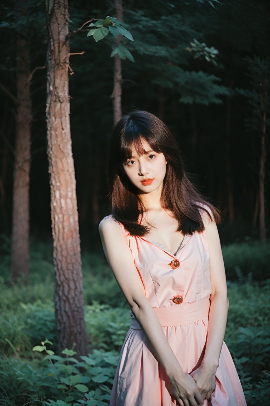 Best Quality,Masterpiece,Ultra High Resolution,(Realisticity:1.4),Original Photo,1girl,pink hair,small chest,<lora:暗黑风格摄影Dark style_v1.0:0.8>,forest,