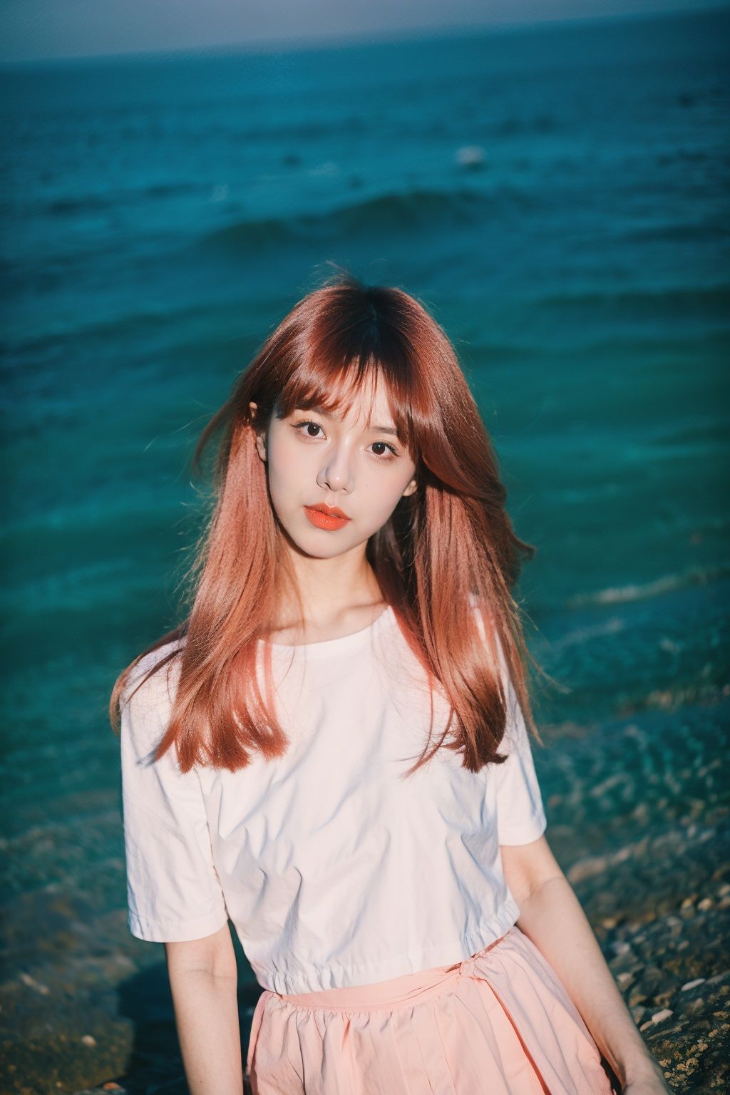 Best Quality,Masterpiece,Ultra High Resolution,(Realisticity:1.4),Original Photo,1girl,pink hair,over the sea,small chest,<lora:暗黑风格摄影Dark style_v1.0:0.8>,
