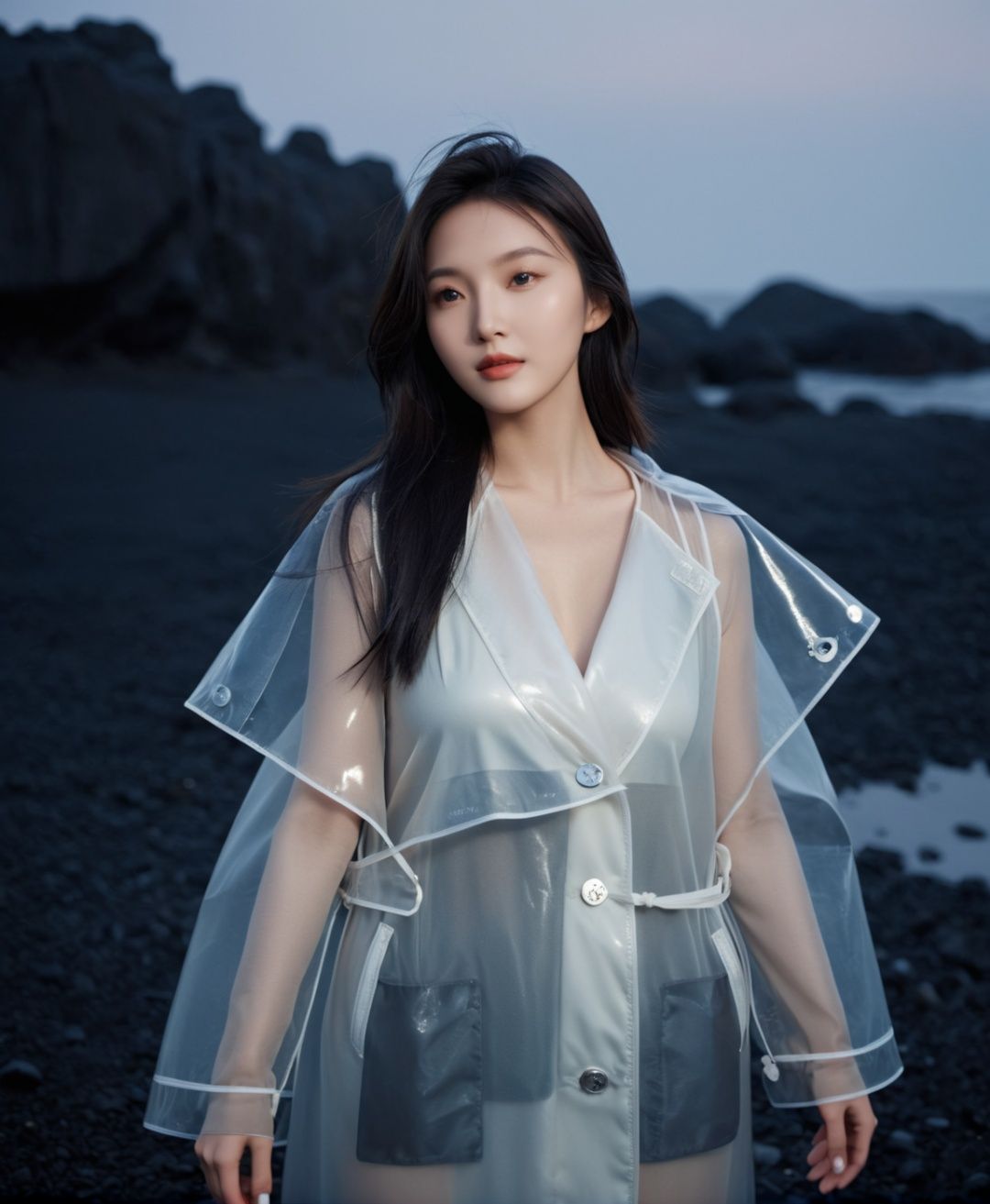 analog film photo,1girl,monkren, chinese girl,cinematic film still,((Establishing_Shot)),((looking away)),expression of enjoyment,an ultra high definition professional high fashion portrait full length photograph,a model wearing a transparent pearlescent raincoat in an icelandic black rock environment at dawn,no artefacts,extremely detailed,stark,refraction,shallow depth of field,volumetric light and shadow,ray tracing,light rays,shallow depth of field,vignette,highly detailed,high budget,bokeh,cinemascope,moody,epic,gorgeous,film grain,grainy . faded film,desaturated,35mm photo,grainy,vignette,vintage,Kodachrome,Lomography,stained,highly detailed,found footage,