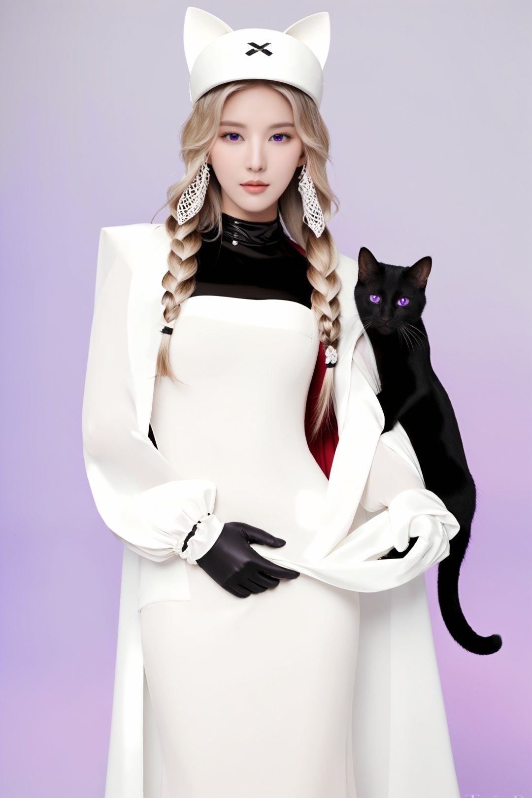  cat, 1girl, black cat, holding animal, halo, braid, gloves, holding, long hair, holding cat, animal, hat, dress, blonde hair, white gloves, purple eyes, white dress, mask, 1boy, long sleeves, looking at viewer, cape, picture frame, formal, single braid, black headwear, suit