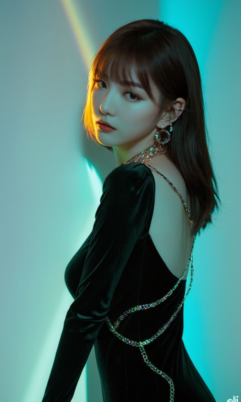 1girl, a woman in a black dress posing for a picture, “uwu the prismatic person, black light velvet poster, long straight bangs, fashion studio lighting, neck chains, lumi, broadshouldered, elle magazine, half body shot, ssao