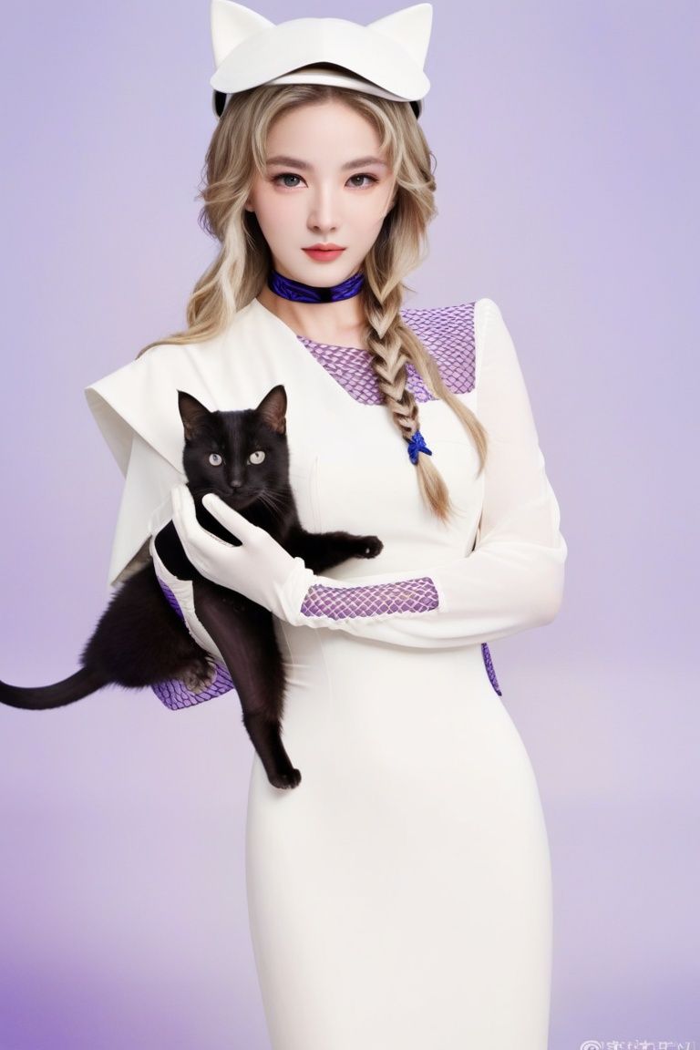  cat, 1girl, black cat, holding animal, halo, braid, gloves, holding, long hair, holding cat, animal, hat, dress, blonde hair, white gloves, purple eyes, white dress, mask, 1boy, long sleeves, looking at viewer, cape, picture frame, formal, single braid, black headwear, suit