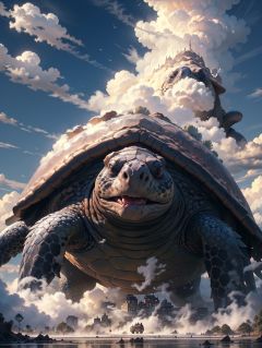 BJ_Sacred_beast,turtle,outdoors,sky,day,cloud,blue_sky,no_humans,animal,cloudy_sky,scenery,fantasy,scales,oversized_animal,cinematic lighting,strong contrast,high level of detail,Best quality,masterpiece,<lora:Sacred_beast_v1.2:0.7>,