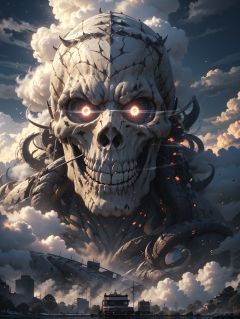 BJ_Sacred_beast, Skull, sky, teeth, cloud, no_humans, glowing, building, scenery, glowing_eyes, smoke, monster, city, giant,cinematic lighting,strong contrast,high level of detail,Best quality,masterpiece,<lora:Sacred_beast_v1.2:0.7>,
