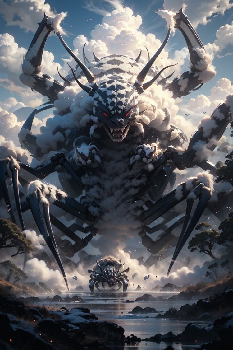 BJ_Sacred_beast, Spider, red_eyes, outdoors, horns, sky, teeth, cloud, tree, no_humans, bird,cinematic lighting,strong contrast,high level of detail,Best quality,masterpiece,<lora:Sacred_beast_v1.2:0.7>,
