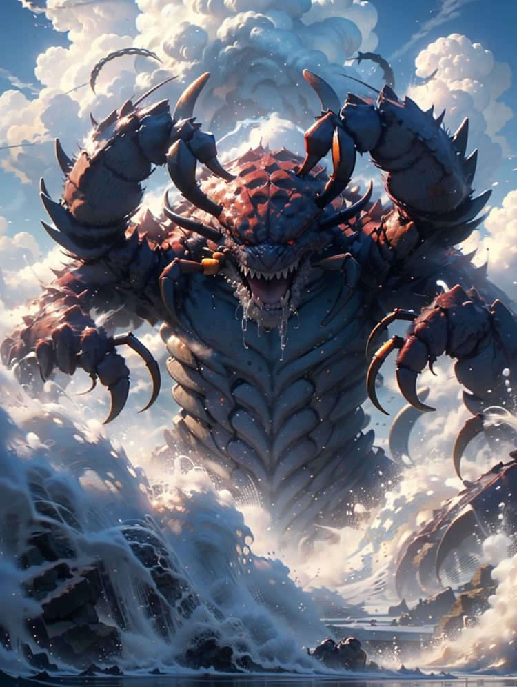 BJ_Sacred_beast,Scorpion,open_mouth,red_eyes,outdoors,horns,sky,teeth,day,cloud,water,blue_sky,no_humans,bird,ocean,animal,cloudy_sky,sharp_teeth,claws,monster,cinematic lighting,strong contrast,high level of detail,Best quality,masterpiece,<lora:Sacred_beast_v1.2:0.7>,
