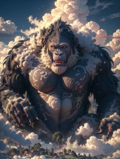 BJ_Sacred_beast,orangutan,open_mouth,outdoors,sky,cloud,tree,no_humans,fangs,cloudy_sky,building,scenery,smoke,monster,giant,cinematic lighting,strong contrast,high level of detail,Best quality,masterpiece,<lora:Sacred_beast_v1.2:0.7>,