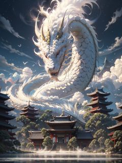 BJ_Sacred_beast,red_eyes,outdoors,horns,sky,cloud,no_humans,bird,cloudy_sky,scenery,stairs,fantasy,dragon,architecture,east_asian_architecture,eastern_dragon,cinematic lighting,strong contrast,high level of detail,Best quality,masterpiece,<lora:Sacred_beast_v1.2:0.7>,