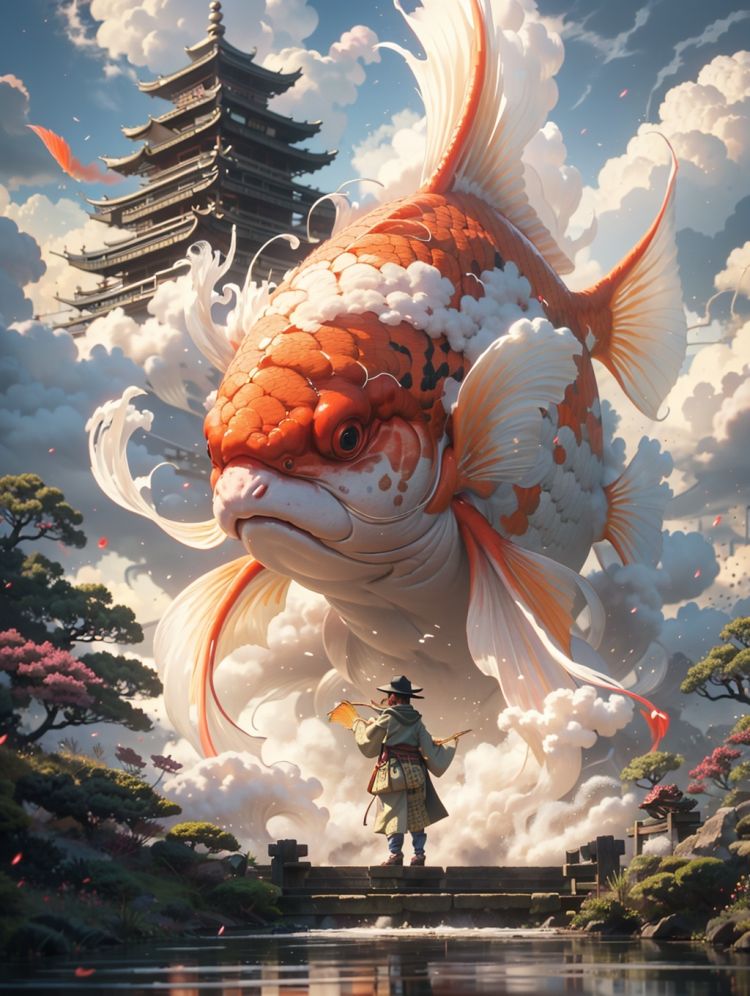 BJ_Sacred_beast,outdoors,sky,cloud,animal,building,scenery,fish,stairs,architecture,east_asian_architecture,goldfish,oversized_animal,pagoda,koi,cinematic lighting,strong contrast,high level of detail,Best quality,masterpiece,<lora:Sacred_beast_v1.2:0.7>,
