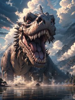 BJ_Sacred_beast, T-rex, open_mouth, red_eyes, outdoors, sky, teeth, cloud, tree, no_humans, glowing, cloudy_sky, sharp_teeth, scenery, reflection, monster,cinematic lighting,strong contrast,high level of detail,Best quality,masterpiece,<lora:Sacred_beast_v1.2:0.7>,