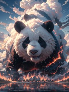 BJ_Sacred_beast, panda, closed_eyes, outdoors, sky, cloud, blue_sky, no_humans, cloudy_sky, fire, building, scenery, reflection, city, skyscraper,cinematic lighting,strong contrast,high level of detail,Best quality,masterpiece,<lora:Sacred_beast_v1.2:0.7>,
