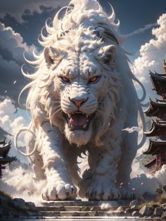 BJ_Sacred_beast,Lion,open_mouth,red_eyes,outdoors,sky,day,cloud,no_humans,fangs,stairs,architecture,east_asian_architecture,cinematic lighting,strong contrast,high level of detail,Best quality,masterpiece,<lora:Sacred_beast_v1.2:0.7>,