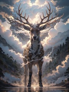 BJ_Sacred_beast, deer, solo, looking_at_viewer, open_mouth, outdoors, sky, cloud, no_humans, glowing, animal, cloudy_sky, glowing_eyes, antlers,cinematic lighting,strong contrast,high level of detail,Best quality,masterpiece,<lora:Sacred_beast_v1.2:0.7>,