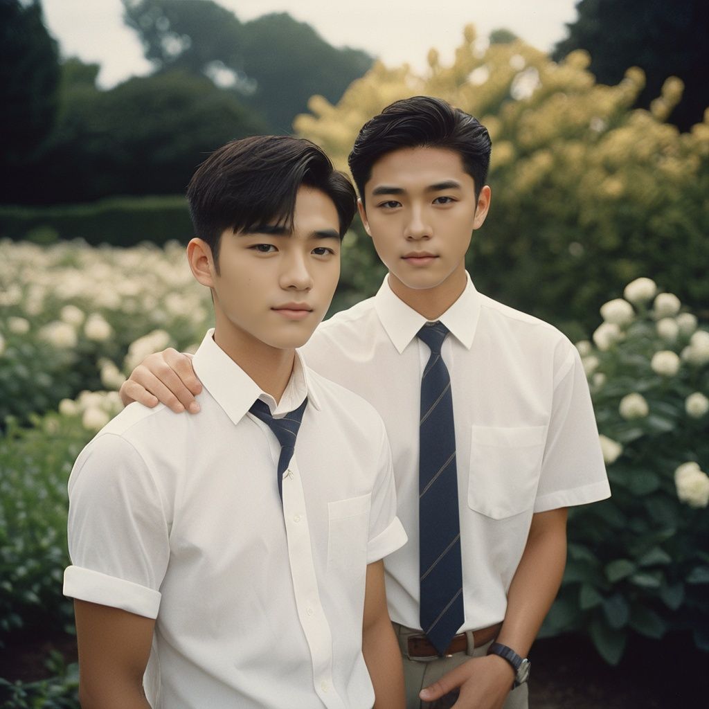 analog film photo ,masterpiece, Handsome boy, 2 Boys, Hug, 18 years old, Lovely, Short hair, White shirt, Tie, Portrait, Garden, Flowers, Light and shadow, Students, Asian, textured skin, super detail, best quality  . ,faded film, desaturated, 35mm photo, grainy, vignette, vintage, Kodachrome, Lomography, stained, highly detailed, found footage