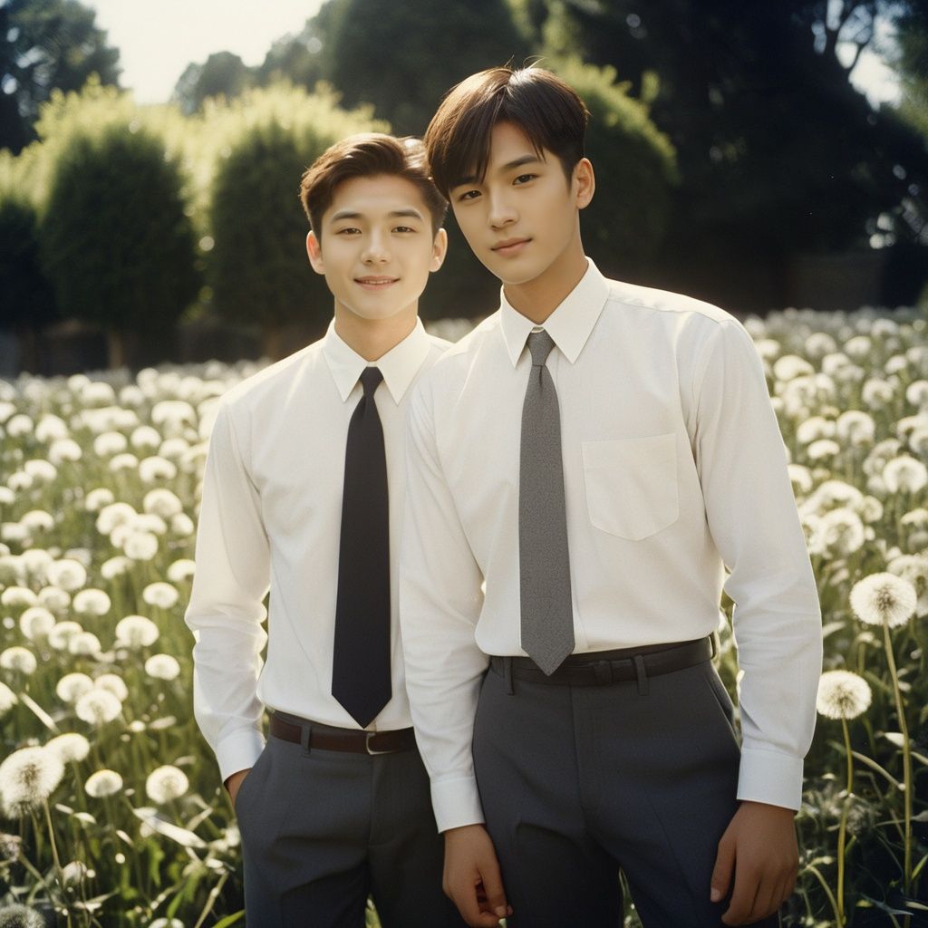 analog film photo masterpiece, Handsome boy, 2 Boys, Chase, 18 years old, Lovely, Short hair, White shirt, Tie, Portrait, Garden, Flowers, Light and shadow, Students, Asian, Smile, Flying dandelions, textured skin, super detail, best quality  . , faded film, desaturated, 35mm photo, grainy, vignette, vintage, Kodachrome, Lomography, stained, highly detailed, found footage