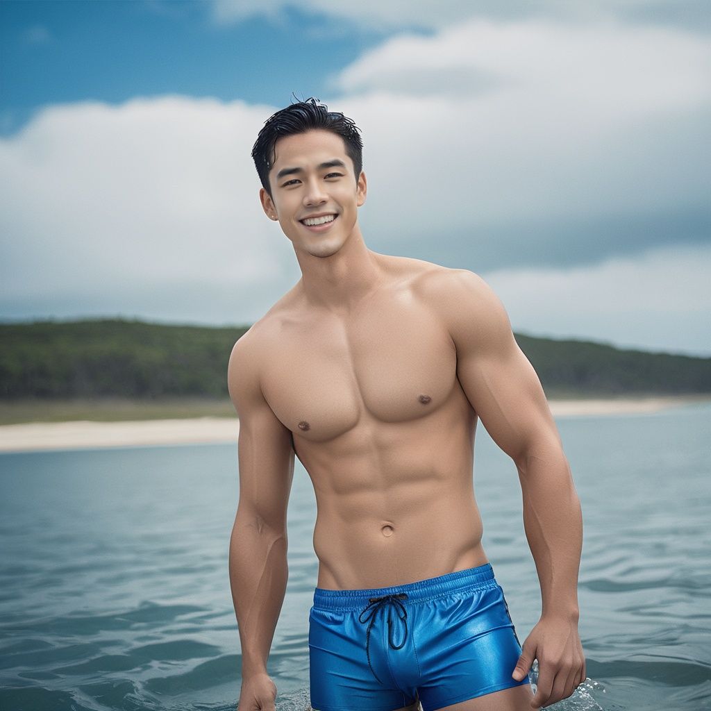 film photo ,Handsome Boy, 1boy, male focus, solo, muscular male, sky, muscular, abs, pectorals, bara, nipples, smile, navel, short hair, day, outdoors, large pectorals, cloud, looking at viewer, water, topless male, black hair, blue sky, wet, hand on hip, open mouth, cloudy sky, ocean, teeth, male swimwear, artist name, partially submerged, sparkle, tongue, pants, facial hair ,faded film, desaturated, 35mm photo, grainy, vignette, vintage, Kodachrome, Lomography, stained, highly detailed, found footage