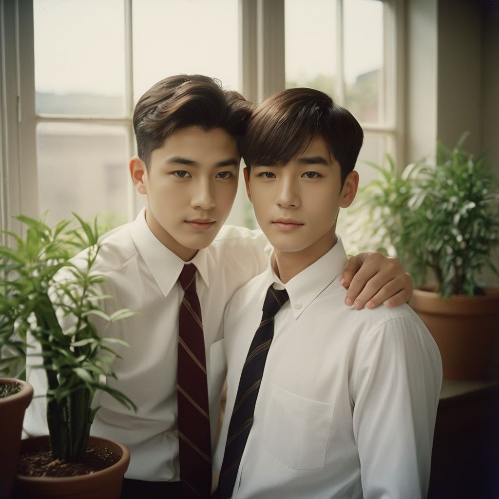 film photo ,masterpiece, Handsome boy, 2 Boys, Hug, 18 years old, Lovely, Short hair, White shirt, Tie, Portrait, Living room, Potted plant, Light and shadow, The sunshine outside the window, Students, textured skin, super detail, best quality  . faded film, desaturated, 35mm photo, grainy, vignette, vintage, Kodachrome, Lomography, stained, highly detailed, found footage