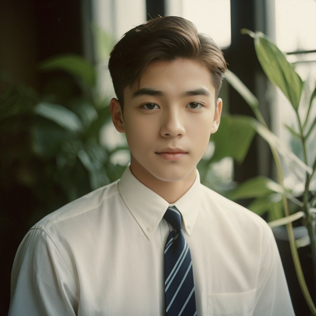 ****og film photo masterpiece, Handsome boy, 1 boy, 18 years old, Lovely, Look at me, Short hair, White shirt, Tie, Portrait, Living room, Potted plant, Light and shadow, The sunshine outside the window, Students, textured skin, super detail, best quality  . faded film, desaturated, 35mm photo, grainy, vignette, vintage, Kodachrome, Lomography, stained, highly detailed, found footage