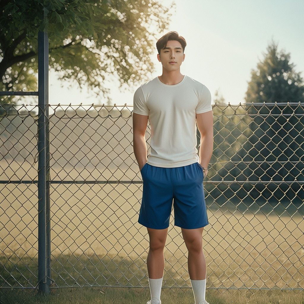 analo film photo Handsome Boy, solo, 1boy, male focus, fence, shorts, bara, short hair, shirt, outdoors, muscular male, muscular, tree, black hair, full body, blue shorts, shoes, pectorals, realistic, socks, sky, looking at viewer, cloud, leaf, standing, day, grass, chain-link fence, sunlight, closed eyes ,faded film, desaturated, 35mm photo, grainy, vignette, vintage, Kodachrome, Lomography, stained, highly detailed, found footage