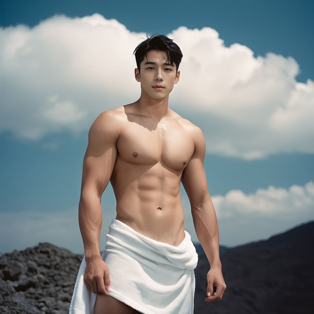 film photo ,Handsome Boy, 1boy, male focus, solo, muscular, abs, muscular male, short hair, pectorals, black hair, sky, navel, bara, nipples, star \(sky\), large pectorals, towel, cloud, starry sky, full body, naked towel, nude, stomach, closed mouth,faded film, desaturated, 35mm photo, grainy, vignette, vintage, Kodachrome, Lomography, stained, highly detailed, found footage