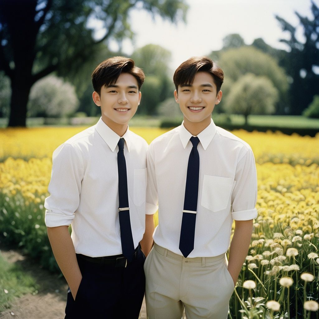 analog film photo masterpiece, Handsome boy, 2 Boys, Chase, 18 years old, Lovely, Short hair, White shirt, Tie, Portrait, Garden, Flowers, Light and shadow, Students, Asian, Smile, Flying dandelions, textured skin, super detail, best quality  ., faded film, desaturated, 35mm photo, grainy, vignette, vintage, Kodachrome, Lomography, stained, highly detailed, found footage