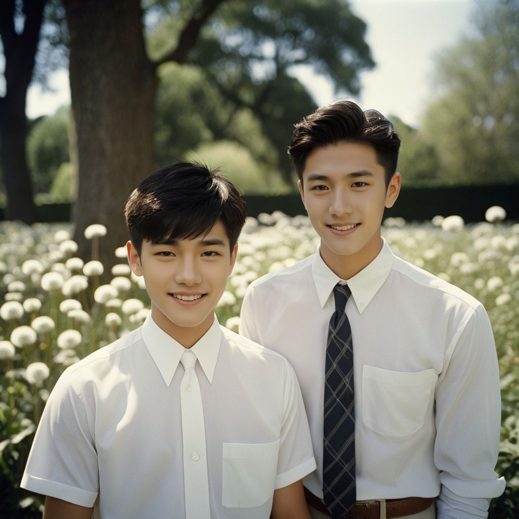 analog film photo masterpiece, Handsome boy, 2 Boys, Chase, 18 years old, Lovely, Short hair, White shirt, Tie, Portrait, Garden, Flowers, Light and shadow, Students, Asian, Smile, Flying dandelions, textured skin, super detail, best quality  ., faded film, desaturated, 35mm photo, grainy, vignette, vintage, Kodachrome, Lomography, stained, highly detailed, found footage