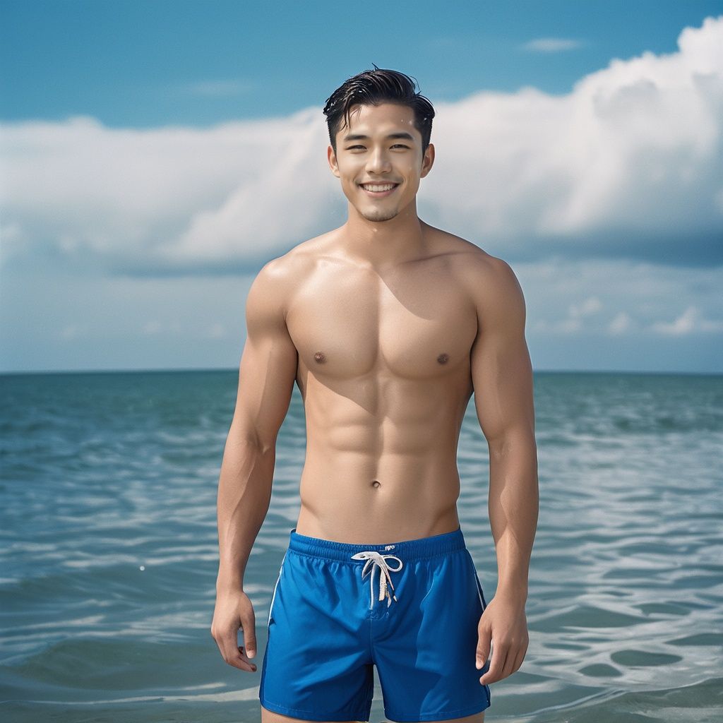 film photo ,Handsome Boy, 1boy, male focus, solo, muscular male, sky, muscular, abs, pectorals, bara, nipples, smile, navel, short hair, day, outdoors, large pectorals, cloud, looking at viewer, water, topless male, black hair, blue sky, wet, hand on hip, open mouth, cloudy sky, ocean, teeth, male swimwear, artist name, partially submerged, sparkle, tongue, pants, facial hair ,faded film, desaturated, 35mm photo, grainy, vignette, vintage, Kodachrome, Lomography, stained, highly detailed, found footage