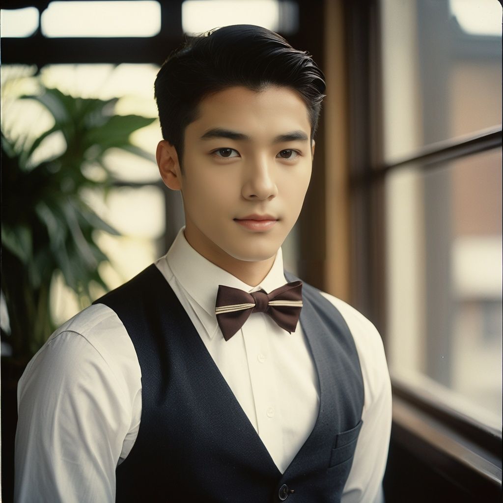 ****og film photo masterpiece, Handsome boy, 1 boy, 18 years old, Lovely, Look at me, Short hair, Bow tie, Coffee Shop, Potted plant, Light and shadow, Lighting, The sunshine outside the window, Waiter, textured skin, super detail, best quality  . faded film, desaturated, 35mm photo, grainy, vignette, vintage, Kodachrome, Lomography, stained, highly detailed, found footage