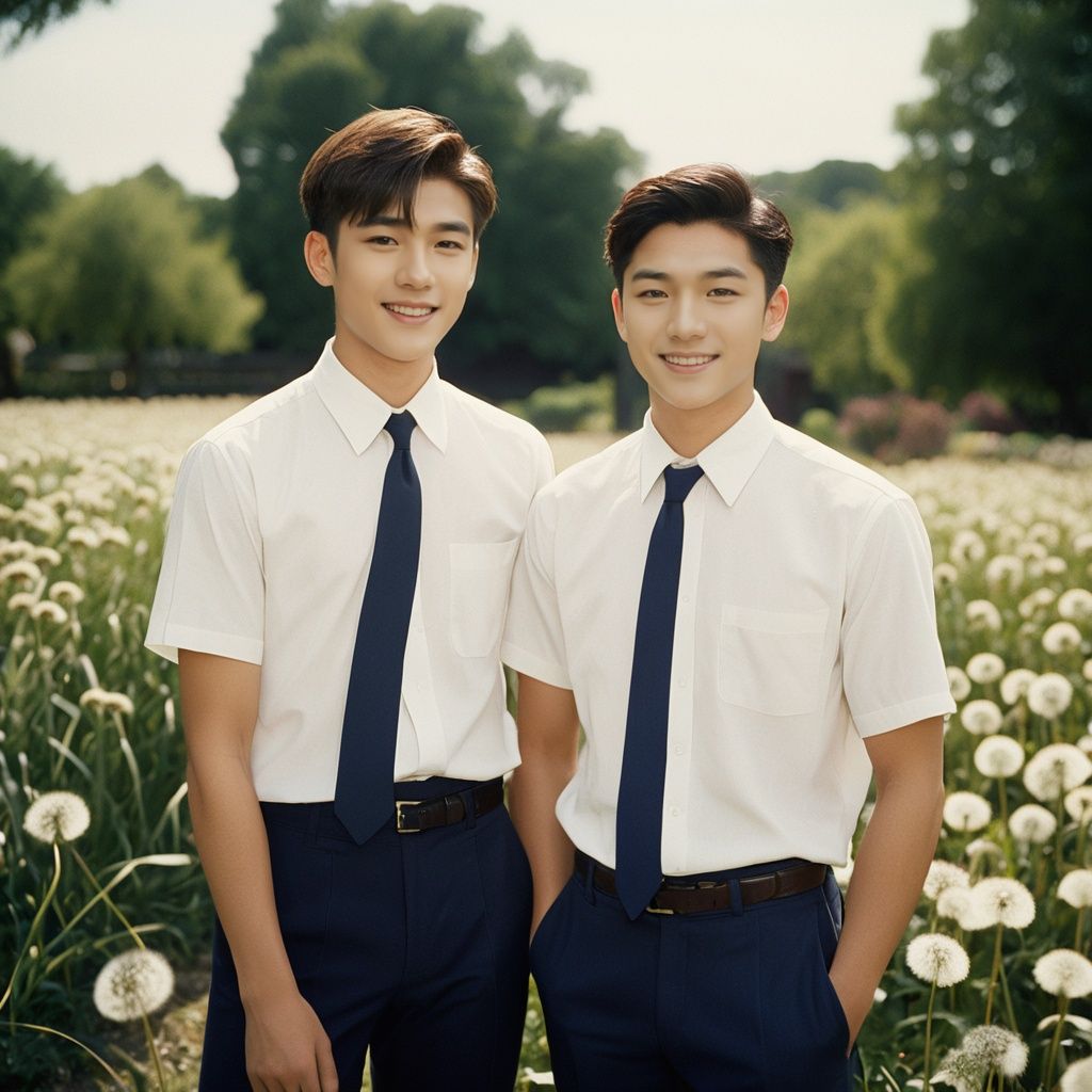 ****og film photo masterpiece, Handsome boy, 2 Boys, Chase, 18 years old, Lovely, Short hair, White shirt, Tie, Portrait, Garden, Flowers, Light and shadow, Students, Asian, Smile, Flying dandelions, textured skin, super detail, best quality  ., faded film, desaturated, 35mm photo, grainy, vignette, vintage, Kodachrome, Lomography, stained, highly detailed, found footage