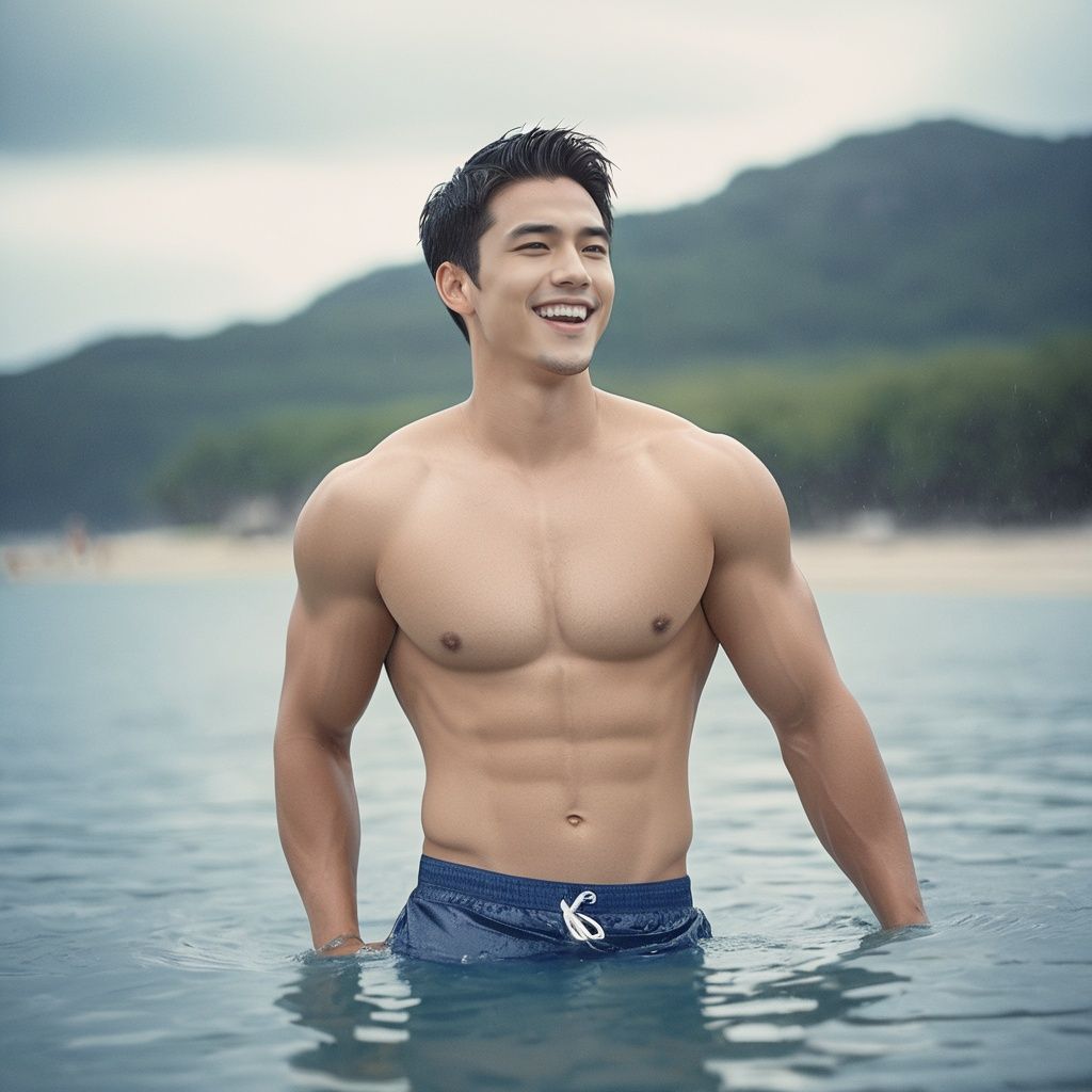 film photo ,Handsome Boy, 1boy, male focus, solo, muscular male, sky, muscular, abs, pectorals, bara, nipples, smile, navel, short hair, day, outdoors, large pectorals, cloud, looking at viewer, water, topless male, black hair, blue sky, wet, hand on hip, open mouth, cloudy sky, ocean, teeth, male swimwear, artist name, partially submerged, sparkle, tongue, pants, facial hair ,faded film, desaturated, 35mm photo, grainy, vignette, vintage, Kodachrome, Lomography, stained, highly detailed, found footage