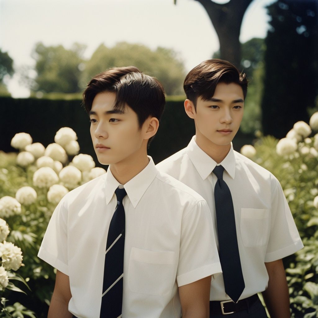 film photo,masterpiece, Handsome boy, 2 Boys, Hug, 18 years old, Lovely, Short hair, White shirt, Tie, Portrait, Garden, Flowers, Light and shadow, Students, Asian, textured skin, super detail, best quality  . faded film, desaturated, 35mm photo, grainy, vignette, vintage, Kodachrome, Lomography, stained, highly detailed, found footage