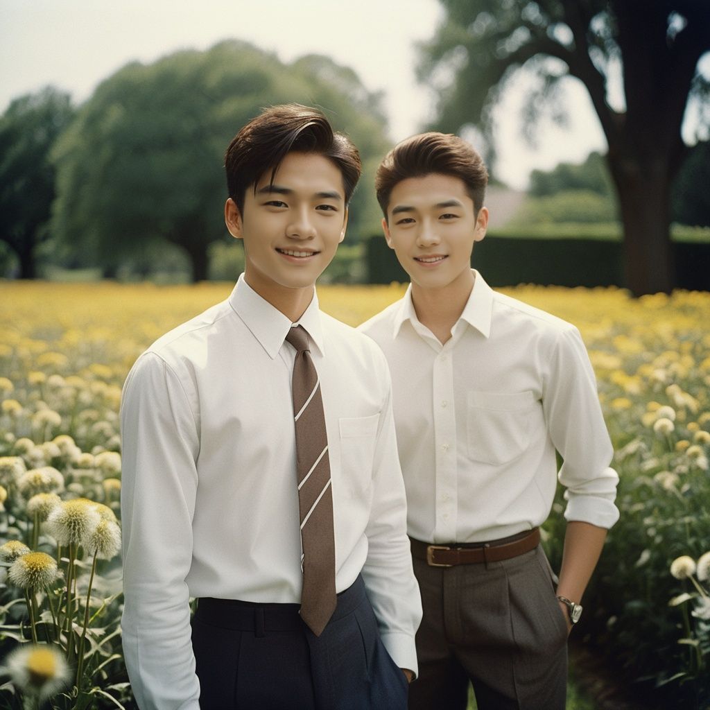 analog film photo masterpiece, Handsome boy, 2 Boys, Chase, 18 years old, Lovely, Short hair, White shirt, Tie, Portrait, Garden, Flowers, Light and shadow, Students, Asian, Smile, Flying dandelions, textured skin, super detail, best quality  . , faded film, desaturated, 35mm photo, grainy, vignette, vintage, Kodachrome, Lomography, stained, highly detailed, found footage