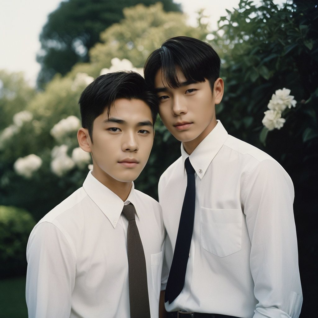 analog film photo masterpiece, Handsome boy, 2 Boys, Hug, 18 years old, Lovely, Short hair, White shirt, Tie, Portrait, Garden, Flowers, Light and shadow, Students, Asian, textured skin, super detail, best quality  ., faded film, desaturated, 35mm photo, grainy, vignette, vintage, Kodachrome, Lomography, stained, highly detailed, found footage