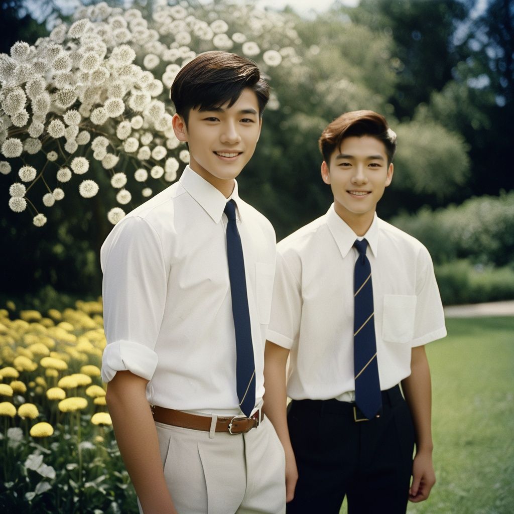 analog film photo masterpiece, Handsome boy, 2 Boys, Chase, 18 years old, Lovely, Short hair, White shirt, Tie, Portrait, Garden, Flowers, Light and shadow, Students, Asian, Smile, Flying dandelions, textured skin, super detail, best quality  ., faded film, desaturated, 35mm photo, grainy, vignette, vintage, Kodachrome, Lomography, stained, highly detailed, found footage