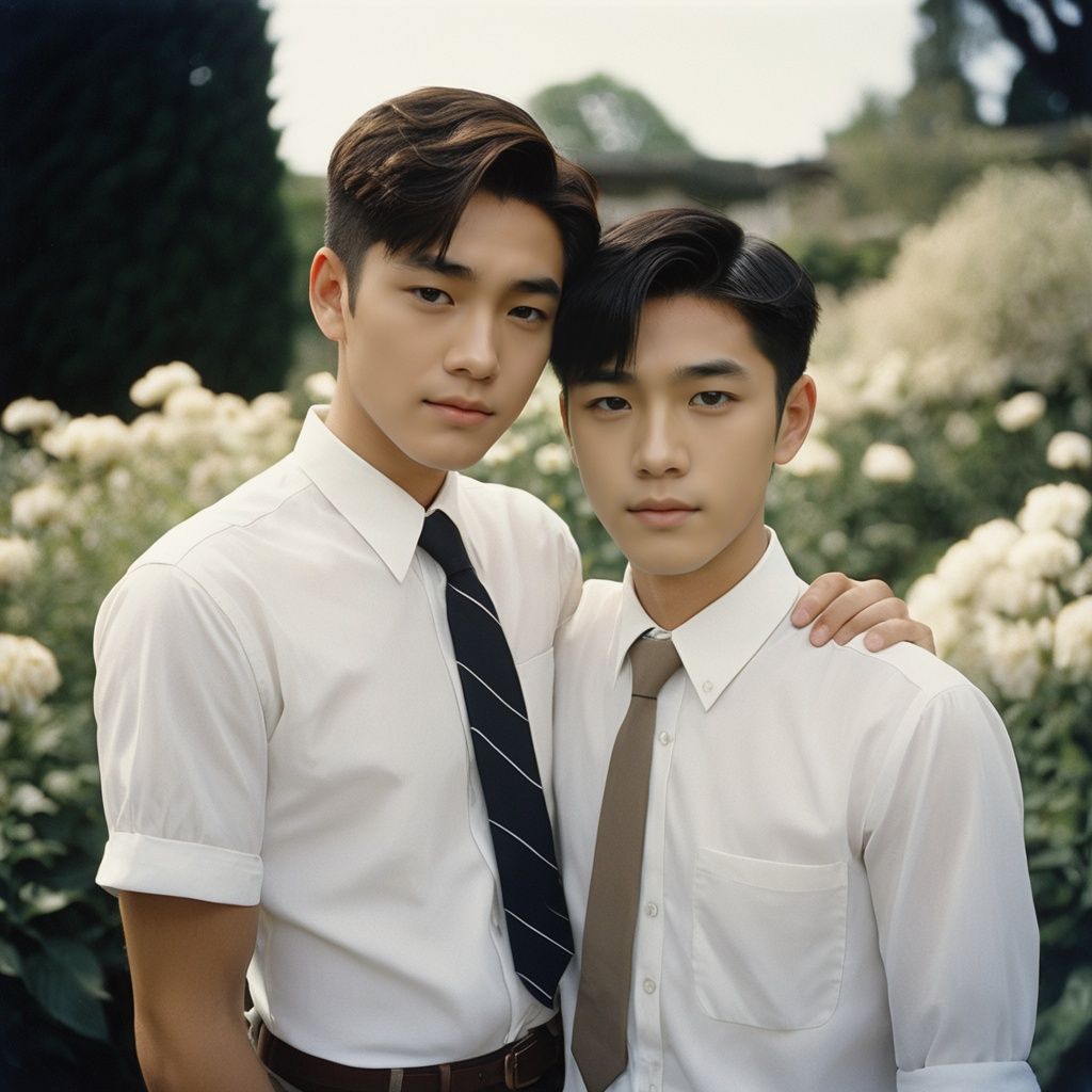 film photo,masterpiece, Handsome boy, 2 Boys, Hug, 18 years old, Lovely, Short hair, White shirt, Tie, Portrait, Garden, Flowers, Light and shadow, Students, Asian, textured skin, super detail, best quality  . faded film, desaturated, 35mm photo, grainy, vignette, vintage, Kodachrome, Lomography, stained, highly detailed, found footage