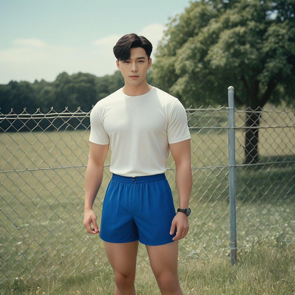film photo ,Handsome Boy, solo, 1boy, male focus, fence, shorts, bara, short hair, shirt, outdoors, muscular male, muscular, tree, black hair, full body, blue shorts, shoes, pectorals, realistic, socks, sky, looking at viewer, cloud, leaf, standing, day, grass, chain-link fence, sunlight, closed eyes ,faded film, desaturated, 35mm photo, grainy, vignette, vintage, Kodachrome, Lomography, stained, highly detailed, found footage