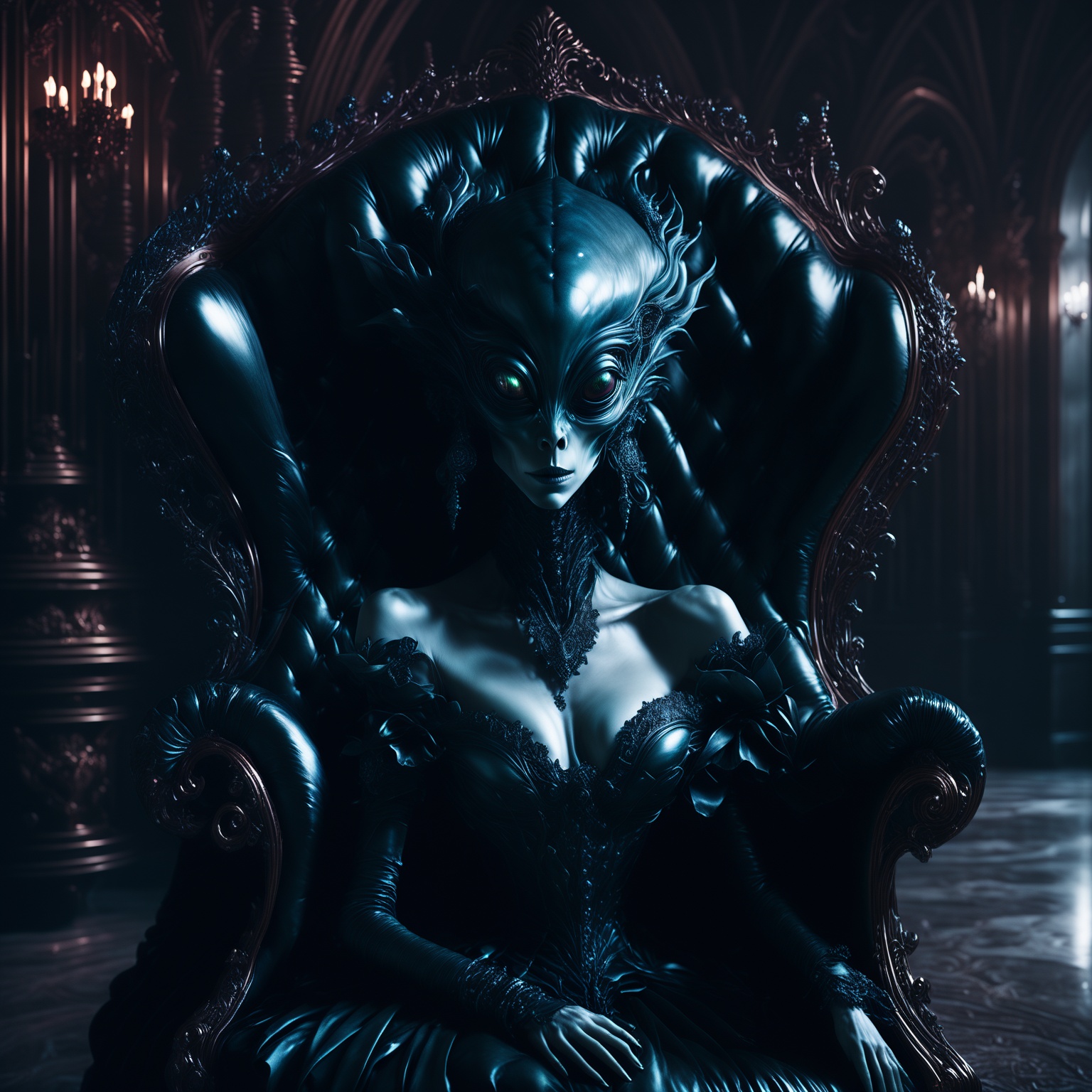 a alien in a black dress sitting on a armchair in a dark room with a chandelier,  dark style,  darkness on Tensor.Art