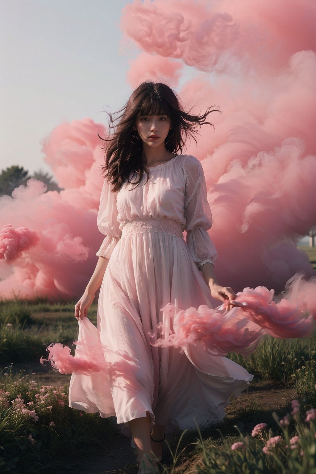 (Representative work, best quality), (1 girl), brown eyes, black hair, messy long hair, standing on the grass, white dress, (background is pink smoke: 1.2), pink clouds, blue sky, hazy weather, (hazy feeling), wide-angle lens, ultra high definition, high resolution, very detailed, best quality, clear theme, ultra realistic, ultra detailed