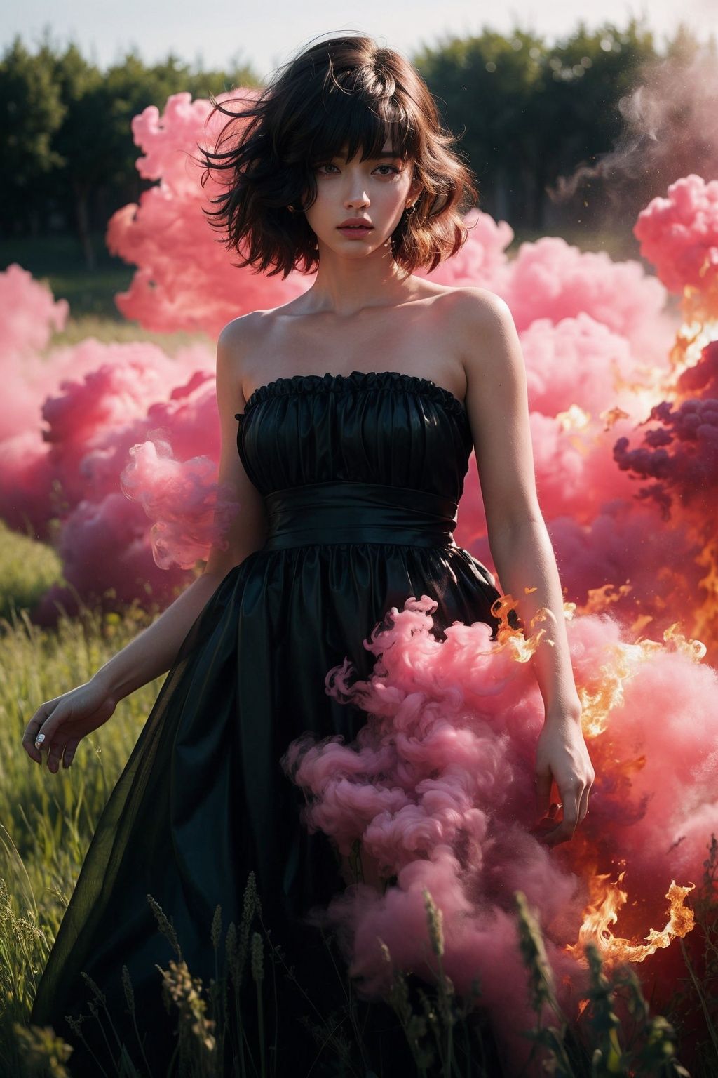 (masterpiece, best quality), natural soft light, (a girl), brown eyes, black color hair, long messy hair, standing in the grass, strapless, blue dress, (surrounded by pink smoke: 0.8),(flame burning background: 1.2), wide-angle lens, lens flare, ultra high definition, high resolution, very detailed, best quality, clear theme, ultra-realistic and ultra-detail