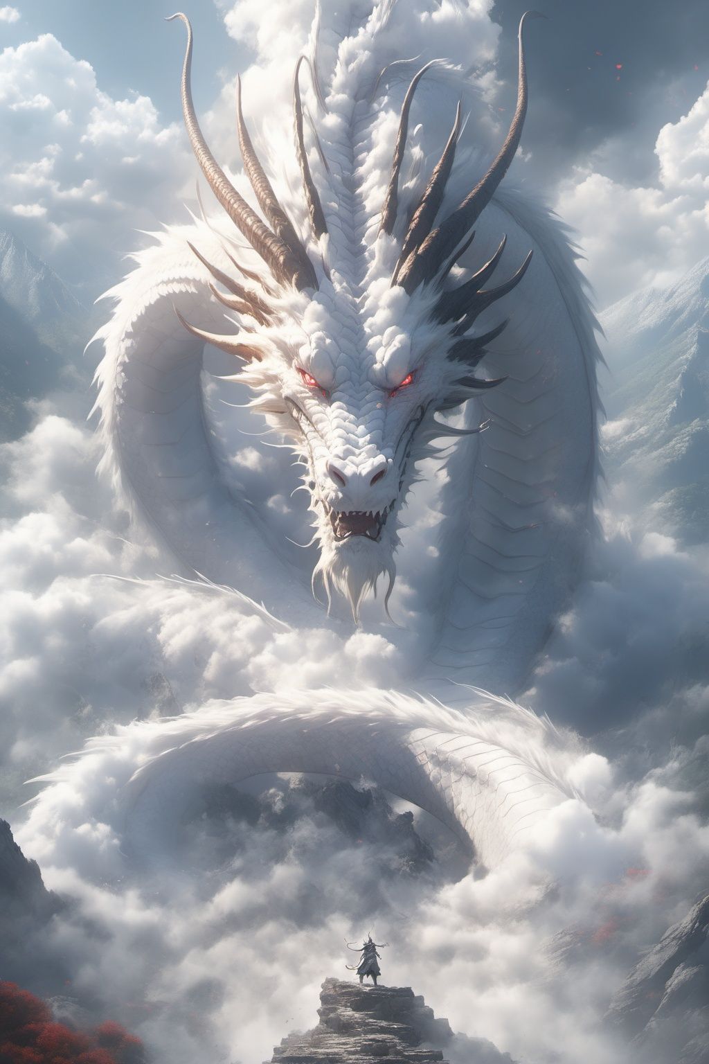Hyperrealistic art BJ_Sacred_beast, red_eyes, outdoors, horns, sky, teeth, day, cloud, no_humans, cloudy_sky, scenery, smoke, mountain, dragon,cinematic lighting,strong contrast,high level of detail,Best quality,masterpiece,<lora:SDXL_Sacred_beast:0.7>, . Extremely high-resolution details, photographic, realism pushed to extreme, fine texture, incredibly lifelike