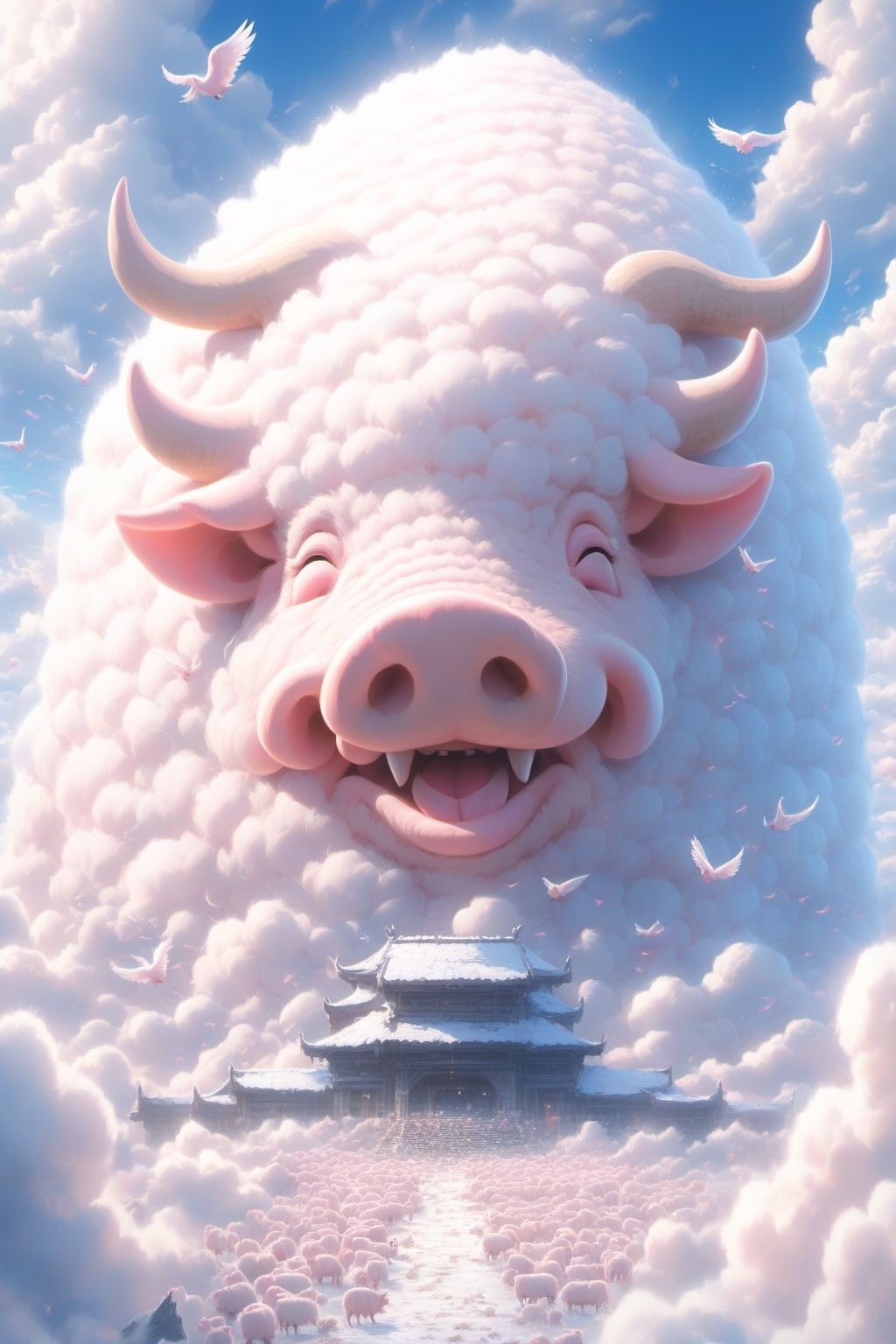 Hyperrealistic art BJ_Sacred_beast,pig,open_mouth,closed_eyes,outdoors,horns,sky,day,cloud,blue_sky,no_humans,bird,animal,cloudy_sky,building,scenery,sheep,flock,cinematic lighting,strong contrast,high level of detail,Best quality,masterpiece,White background,<lora:SDXL_Sacred_beast:0.7>, . Extremely high-resolution details, photographic, realism pushed to extreme, fine texture, incredibly lifelike