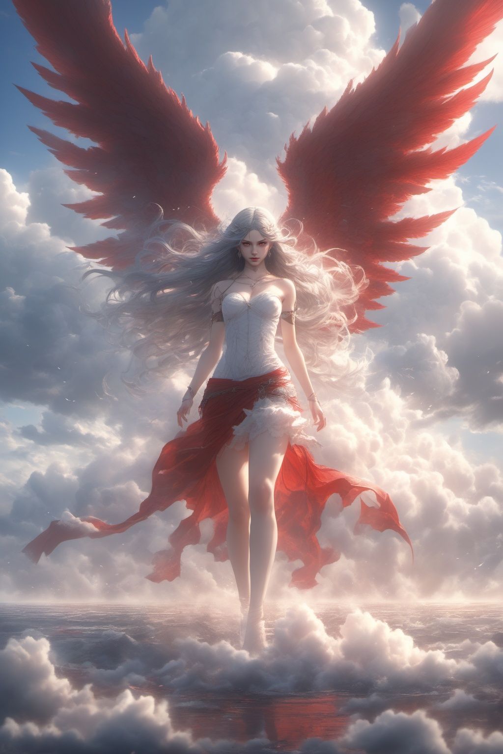Hyperrealistic art skin gloss,light persona,(crystalstexture skin:1.2),(extremely delicate and beautiful),pov,(white_skin:1.2),1girl,solo,long_hair,bare shoulders,red_dress,skirt,(((wings,red_wings))),(full shot),looking_at_viewer,BJ_Sacred_beast,full body,run,suspension,outdoors,sky,day,cloud,fire,water,blue_sky,ocean,cloudy_sky,cinematic lighting,strong contrast,high level of detail,Best quality,masterpiece,<lora:SDXL_Sacred_beast:0.7>, . Extremely high-resolution details, photographic, realism pushed to extreme, fine texture, incredibly lifelike