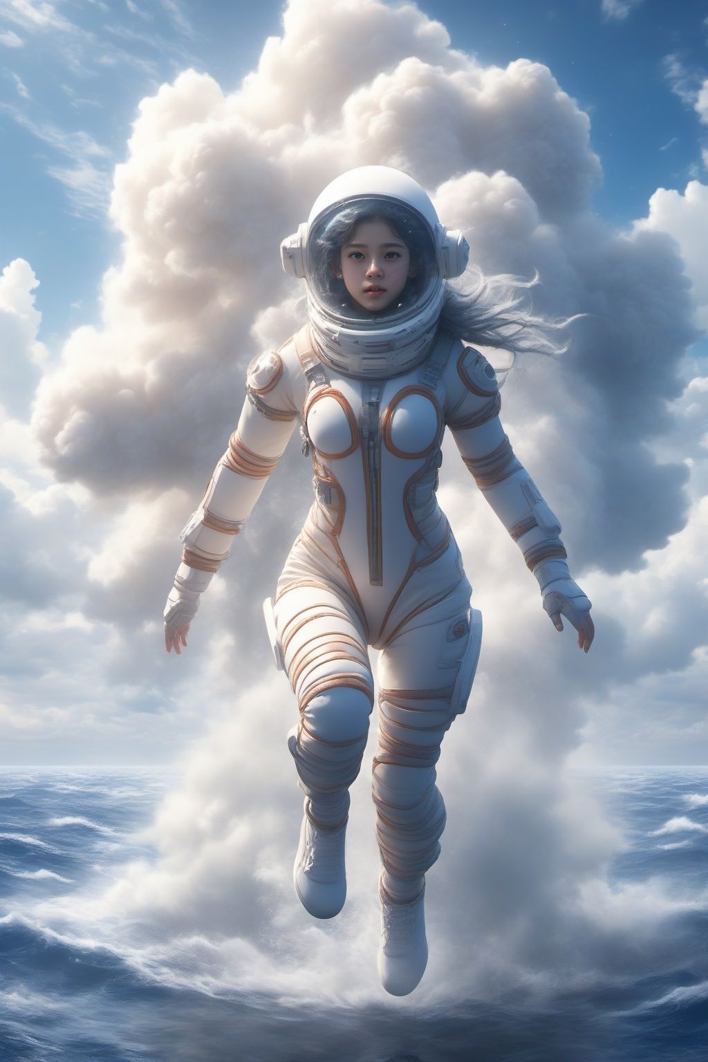 Hyperrealistic art BJ_Sacred_beast,a beautiful 18-year-old girl,wearing a space suit,full body,run,suspension,outdoors,sky,day,cloud,water,blue_sky,ocean,cloudy_sky,cinematic lighting,strong contrast,high level of detail,Best quality,masterpiece,<lora:SDXL_Sacred_beast:0.7>, . Extremely high-resolution details, photographic, realism pushed to extreme, fine texture, incredibly lifelike