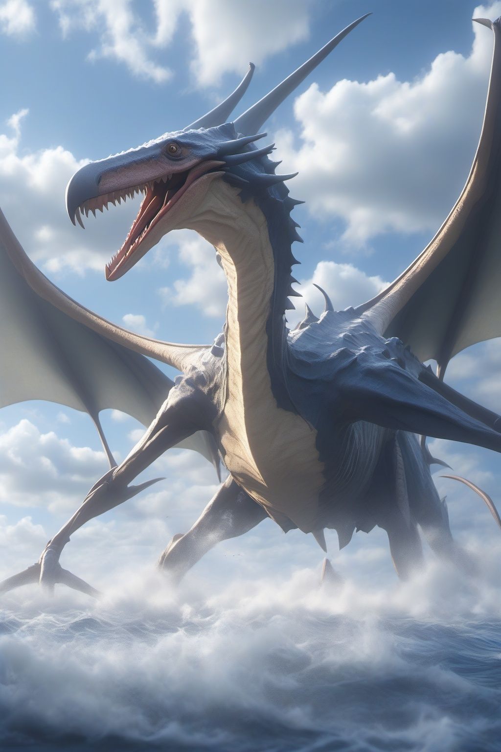 Hyperrealistic art BJ_Sacred_beast,pterosaur,full body,run,suspension,outdoors,sky,day,cloud,water,blue_sky,ocean,cloudy_sky,cinematic lighting,strong contrast,high level of detail,Best quality,masterpiece,<lora:SDXL_Sacred_beast:0.7>, . Extremely high-resolution details, photographic, realism pushed to extreme, fine texture, incredibly lifelike