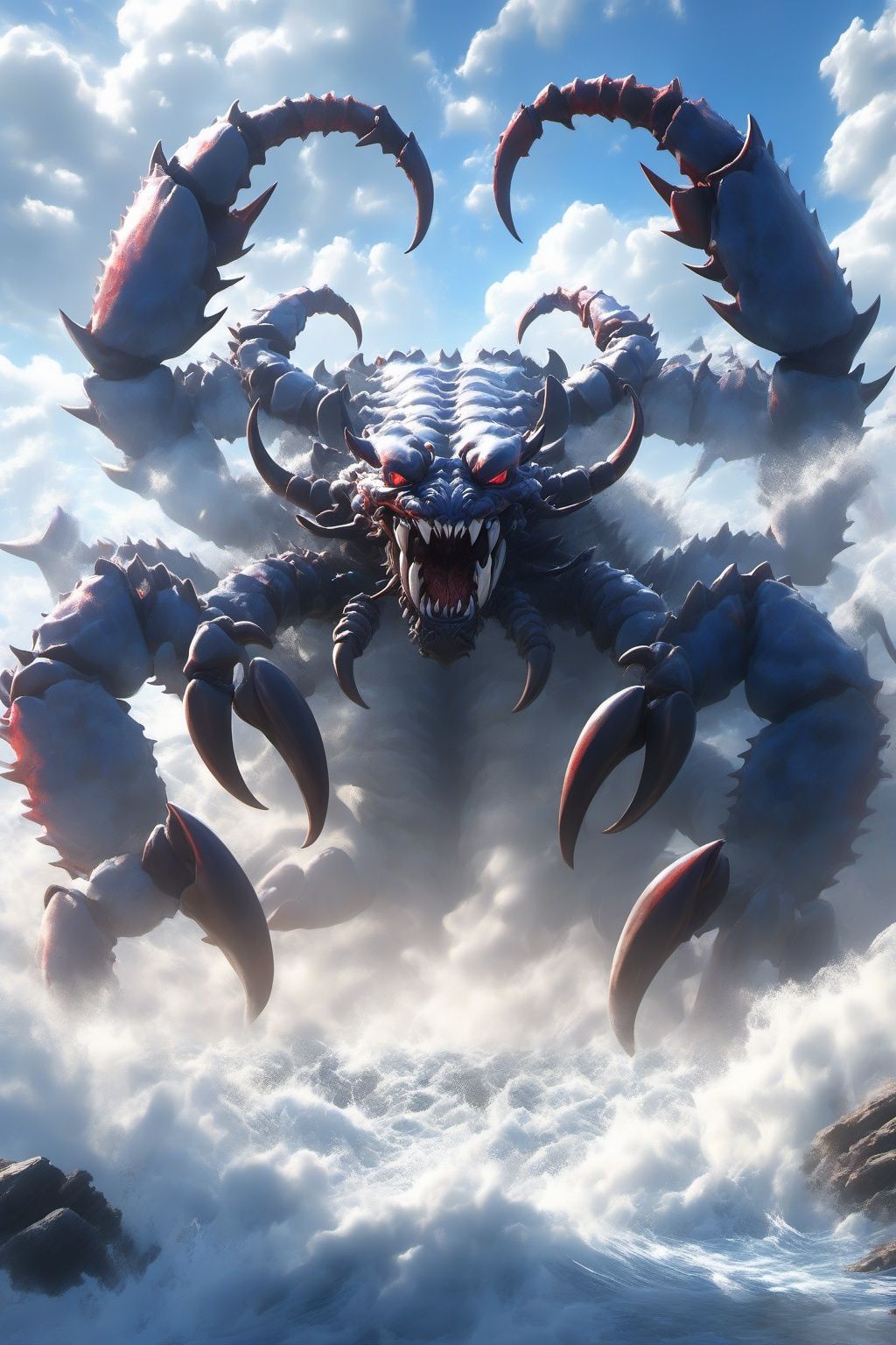 Hyperrealistic art BJ_Sacred_beast, Scorpion, open_mouth, red_eyes, outdoors, horns, sky, teeth, day, cloud, water, blue_sky, no_humans, bird, ocean, animal, cloudy_sky, sharp_teeth, claws, monster,cinematic lighting,strong contrast,high level of detail,Best quality,masterpiece,White background,<lora:SDXL_Sacred_beast:0.7>, . Extremely high-resolution details, photographic, realism pushed to extreme, fine texture, incredibly lifelike