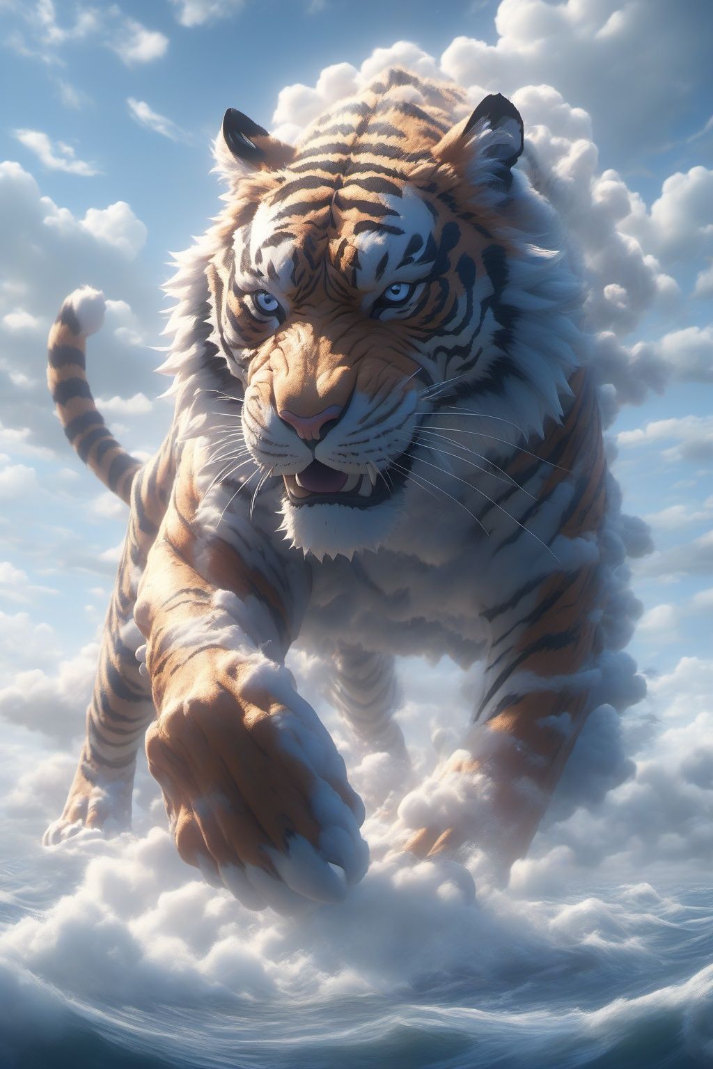 Hyperrealistic art BJ_Sacred_beast,tiger,full body,run,suspension,outdoors,sky,day,cloud,water,blue_sky,ocean,cloudy_sky,cinematic lighting,strong contrast,high level of detail,Best quality,masterpiece,<lora:SDXL_Sacred_beast:0.7>, . Extremely high-resolution details, photographic, realism pushed to extreme, fine texture, incredibly lifelike