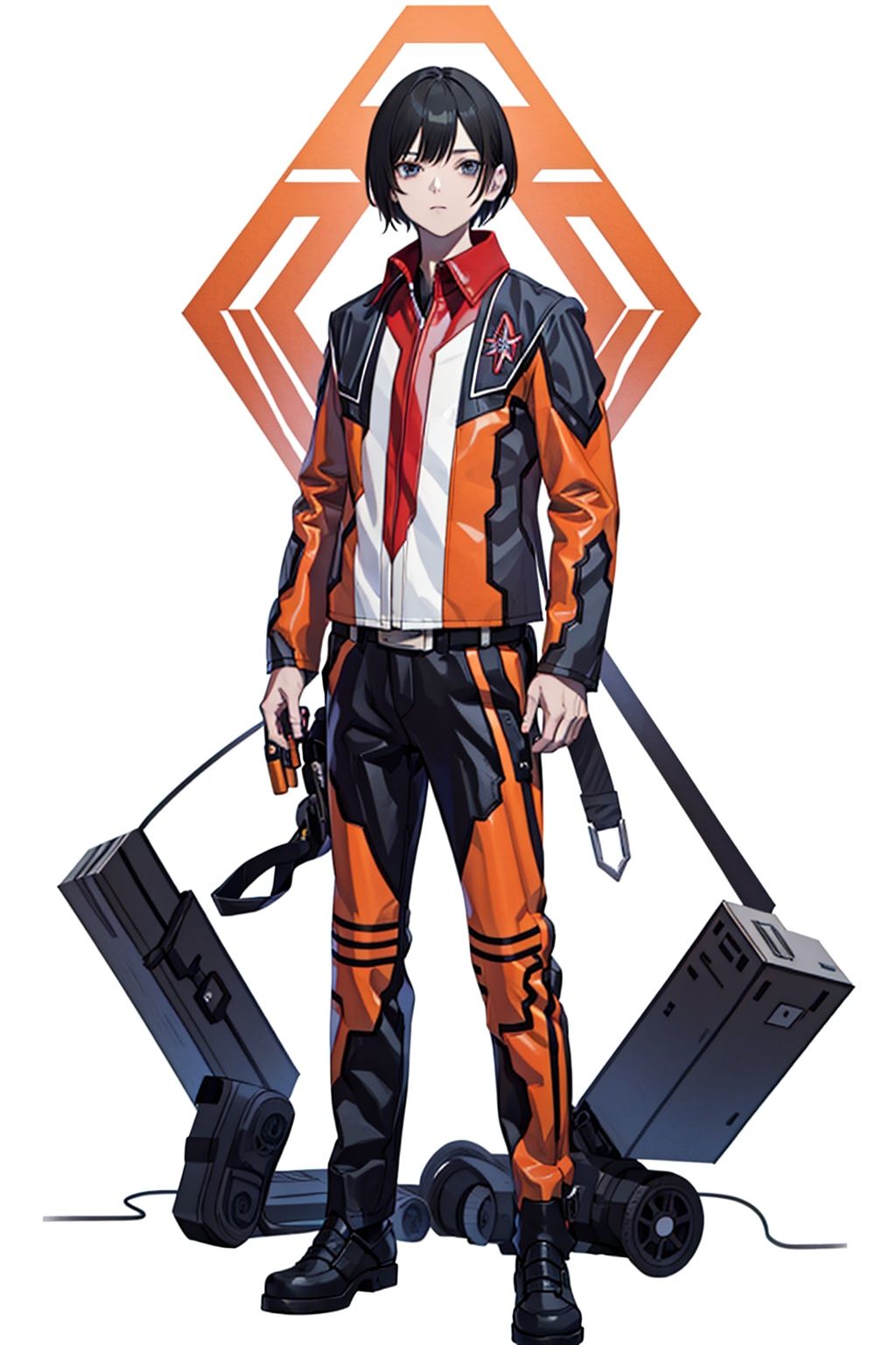 (masterpiece:1.3), (the best quality:1.2), (super fine illustrations:1.2), (Masterpiece), high quality, high detail,((white background:1.2)), looking at viewer, (SOLO:1.4),outline,,simple background,logo,uniform,military uniform,emblem,black pants,black footwear,pants,belt,zipper,jacket